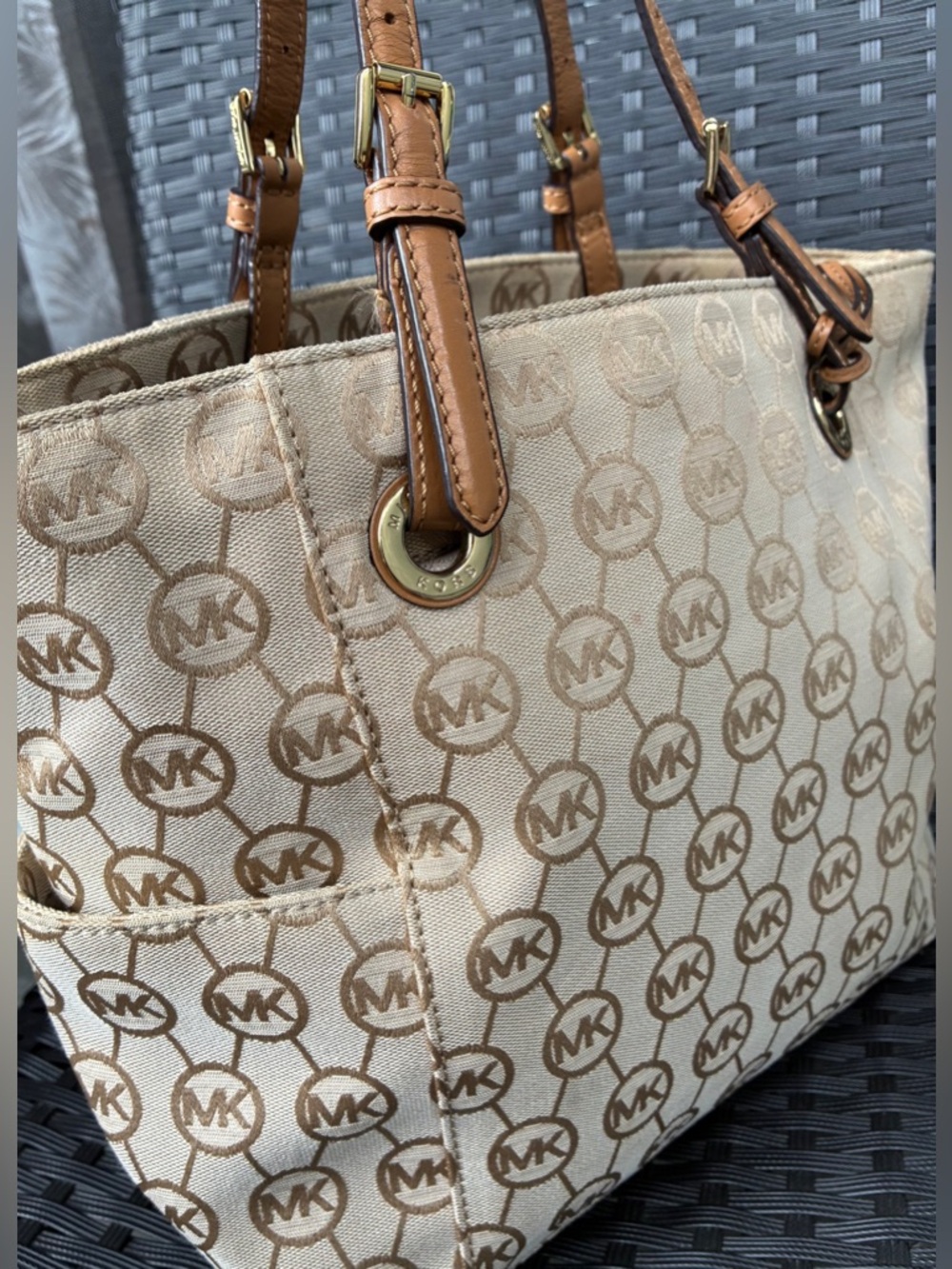 Michael Kors Tan Beige MK Logo Canvas Tote with Leather Straps - Picture 9 of 16